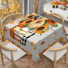 1/20pcs Autumn Thanksgiving Tablecloth, Classic White Wooden Texture Background Dotted With Pumpkin And Sunflower Pattern Autumn Tablecloth, Thanksgiving Decoration, Perfect For Coffee Table, Dining Table, Party And Kitchen, Desktop Decoration | Thanksgiving Decoration | Durable Tablecloth - Multicolor - View 5
