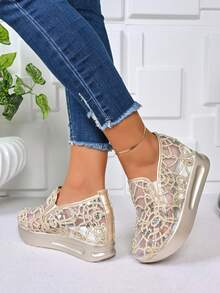 Slimming Lace Mesh Breathable Lightweight Sneakers With Glitter Wedge Heel, For Spring/Summer - Gold - View 2