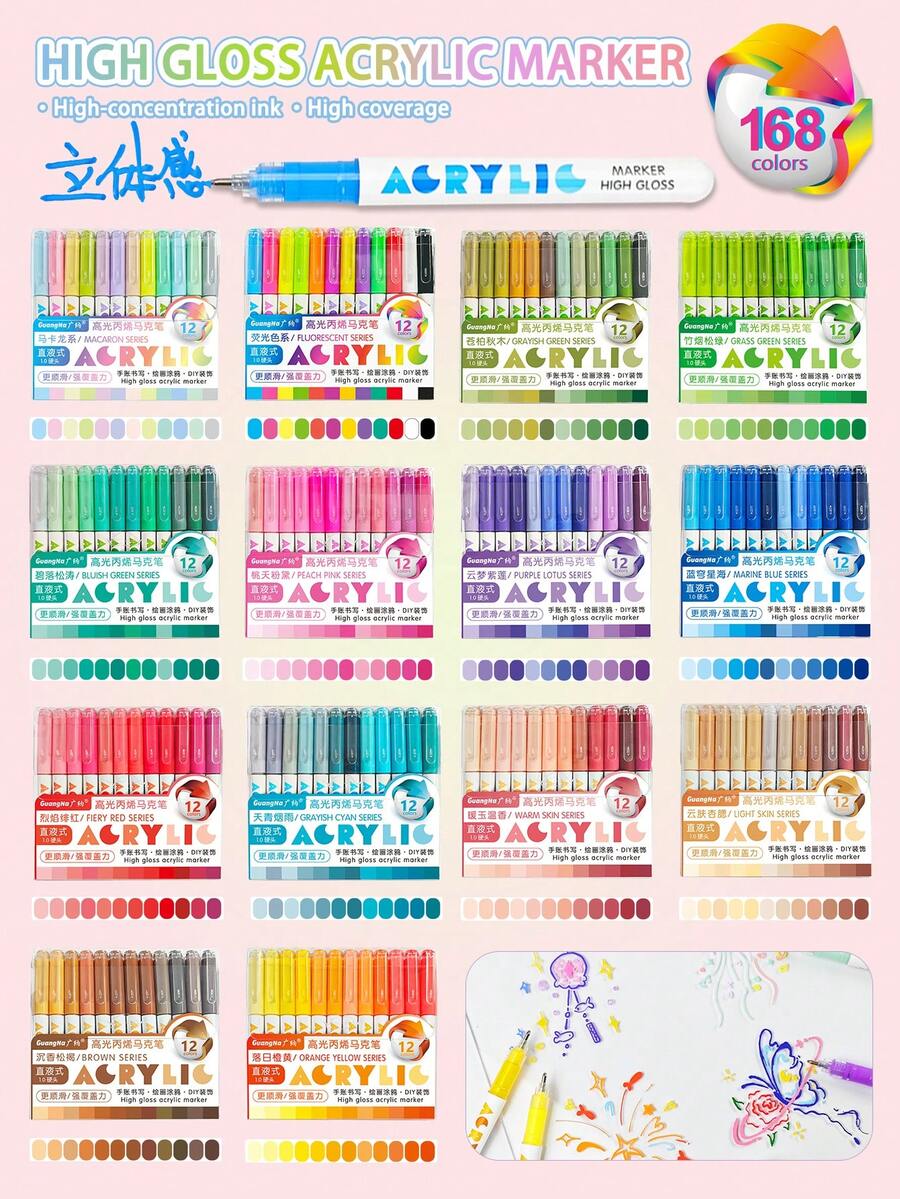 Guangna 168-Color High Gloss Acrylic Paint Markers Set(14 Color Themes),Vibrant Highlighter Ink, 360° Floating Ball Tip For Smooth 3D Effects - Waterproof, Lightfast, High-Opacity & Jumbo Ink Supply ,Art Markers For Students,Stackable Colors & Paper-Lock Ink - Glass/Rock/Body Paint, DIY Coloring Books | Gift Set For Boys/Girls (Christmas & Back To School) - Multicolor - View 1