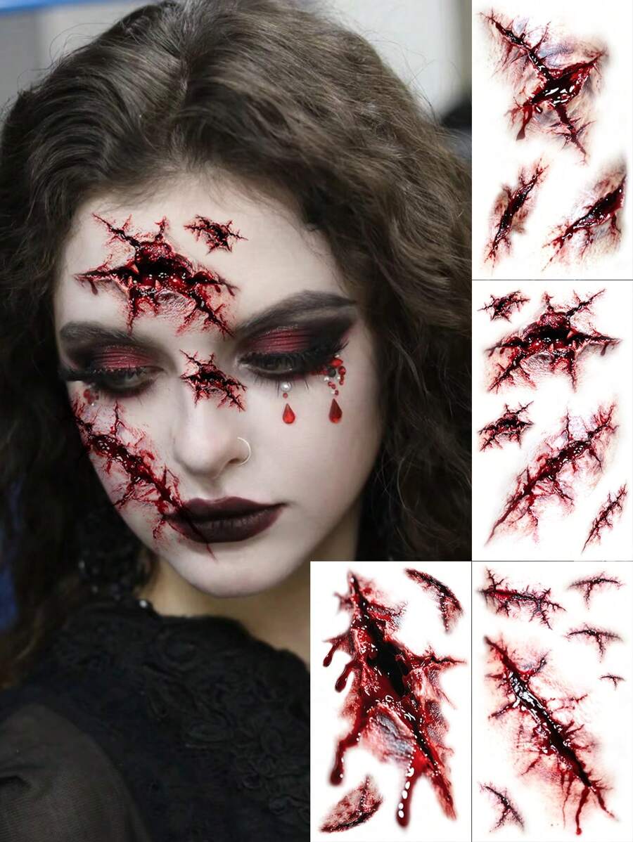 4 件红色万圣节疤痕临时纹身，疯狂妆容，万圣节服装，易于粘贴和去除，万圣节假纹身，适合男女各种身体部位，防水、防汗、不反光，非常逼真的万圣节必备品