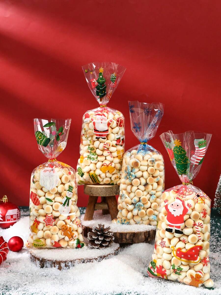 25/50 Stücke Weihnachtsgeschenktüten mit goldenem Bindedraht, Weihnachtsmann Schneeflocken Muster Geschenkverpackungstüten aus klarem Plastik, Fröhliche Weihnachten Party Geschenktüten Dekorationen, Geschenkverpackungszubehör, Kleine Geschenktüten für Weihnachtsfamilientreffen, Weihnachtsküchen Verpackungszubehör, Kleine Verkaufstüten für Weihnachtseinkäufe, 2026 Neujahr Dekoration, Weihnachtsdekoration, Weihnachtsgeschenke, Partybevorzugungen