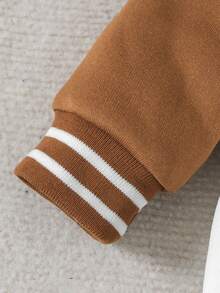 男婴针织毛绒罗纹长袖连体衣，拼接棒球熊图案，休闲可爱保暖连体衣，秋冬季 - 棕色 - 查看 7