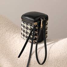 Houndstooth Soft Leather Earphone Pouch Mini Chic Zipper Coin Purse Bucket Lipstick Makeup Bag Multi-Function Handheld Small Bag - Multicolor - View 6