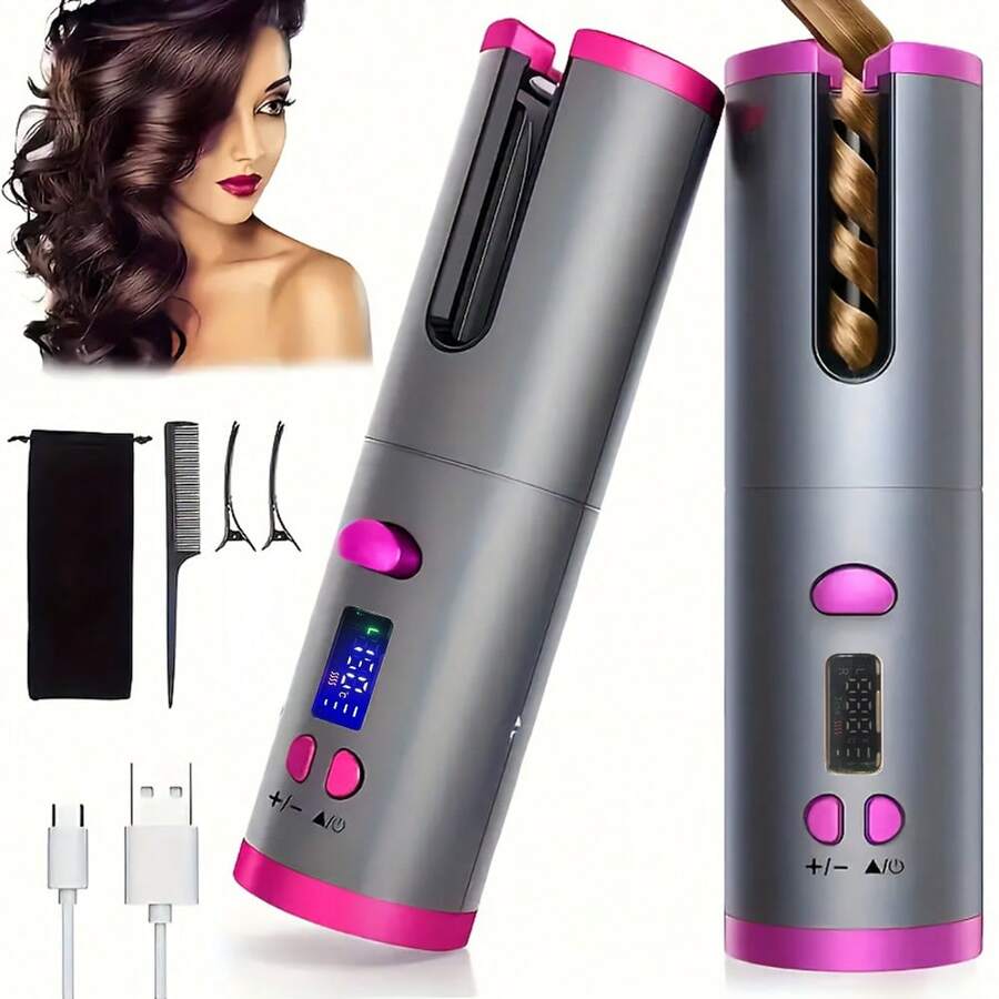 Rizador de pelo inalámbrico, rizador automático portátil recargable por USB con varilla cerámica giratoria, herramienta de peinado - Gris - Ver 1