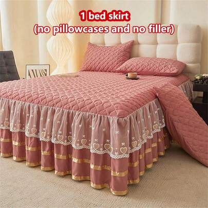1pc Quilted Bed Skirt With Heart Design (1pc Bed Skirt, No Pillowcase), Decorated With Heart & Bow Lace Trim, Fashionable & Elegant, Moisture-Wicking, Wrinkle-Resistant, Easy To Remove Mattress Protector