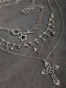 3 件套复古哥特朋克风格水钻星星闪亮多层项链套装，水钻星星，十字架吊坠项链，Y2K 欧美风格女士项链 - 銀色 - 查看 5