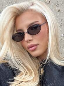 1 Pair Women's Dark Grey Oval Frameless Metal Leg Edged Personalized Fashion Glasses Oval Shape Shades - Dark Grey - View 2