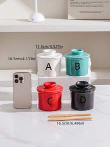 1 Set Ceramic Round Butter Dish With Lid & Wooden Spoon, Nordic Style Minimalist Solid Color Ceramic Butter Pot, Cheese Storage Container, Kitchen & Dining Ceramic Butter Dish With Lid & Wooden Butter Knife