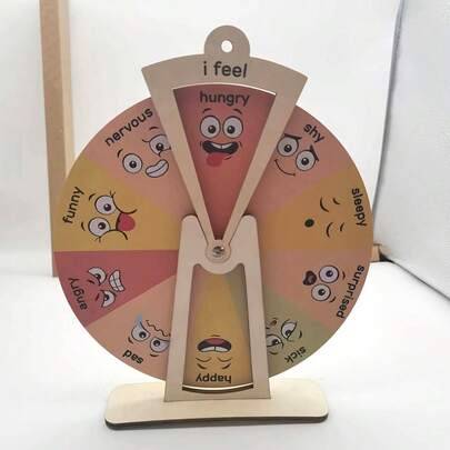 1个复古木质情绪调节拨盘 - 情绪表达管理工具及桌面展示板 - 无需用电，适用于卧室/家居空间 - 季节性节日装饰（万圣节/感恩节/六月节），心理健康意识宣传，心理咨询师办公室标牌，情绪学习工具，开启对话的装饰品，软木板，钉板，愿景板
