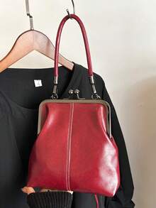 1个复古仿皮斜挎包，女士复古风吻锁迷你手提包，配有可调节肩带，纯色轻便都市手提包，涤纶衬里，男女通用 - 酒紅色 - 查看 5