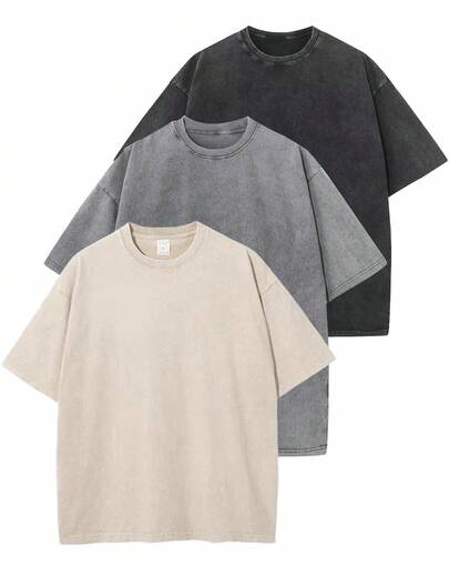 3 PCS Solid Color Fashion Retro Men's T-Shirts 230g Heavyweight Dropped Shoulder Unisex Casual Gift Boyfriend 100% Pure Cotton Streetwear Clothing