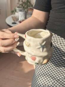300ml创意夏日贝壳浮雕陶瓷咖啡杯，手绘陶瓷茶杯，可爱小众水杯，拿铁艺术杯，少女心礼物杯，复古3D手绘玻璃杯，不对称贝壳陶瓷杯，创意茶杯