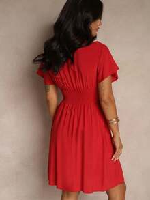 Summer Casual Solid Color Cinched Waist Dress - Burgundy - View 3