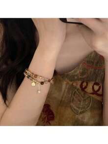 1 chiếc vòng tay đính hạt pha lê và ngọc trai hai lớp thời trang quyến rũ, trang sức thiết kế nhiều lớp cổ điển tinh tế, màu sắc ngẫu nhiên - Nhiều màu - Xem 5