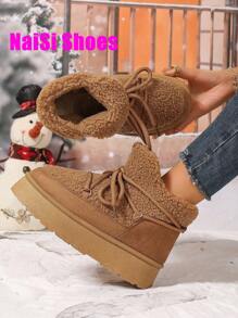 Tropiscape 女士新款厚底雪地靴，冬季保暖内衬复古系带羊皮雪地靴，防滑时尚短靴，米色、黑色、棕色可选，圣诞礼物 - 棕色 - 查看 7