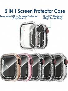 Compatible For Apple Watch Case With Tempered Glass Screen Protector, 5 Packs Double Bling Case Crystal Rhinestone Bumper Overall Hard PC Ultra Protective Cover, Compatible With Apple Watch 38/40/41/42/44/45/46/49mm, Series Ultra/SE/11/10/9/8/7/6/5/4/3/2/1