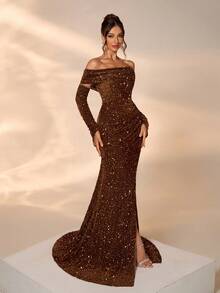 Elisanya Autumn/Winter Velvet Sequin Luxury Elegant Lady Banquet Gown, Removable Long Sleeve Trailing Dress, High Waist Party Dress Occasions - Coffee Brown - View 4