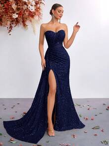 ADYCE 女士亮片心形领抹胸网纱拼接高腰长款开衩连衣裙，适合舞会、派对、正式晚宴、新年等场合 - 藏蓝色 - 查看 1