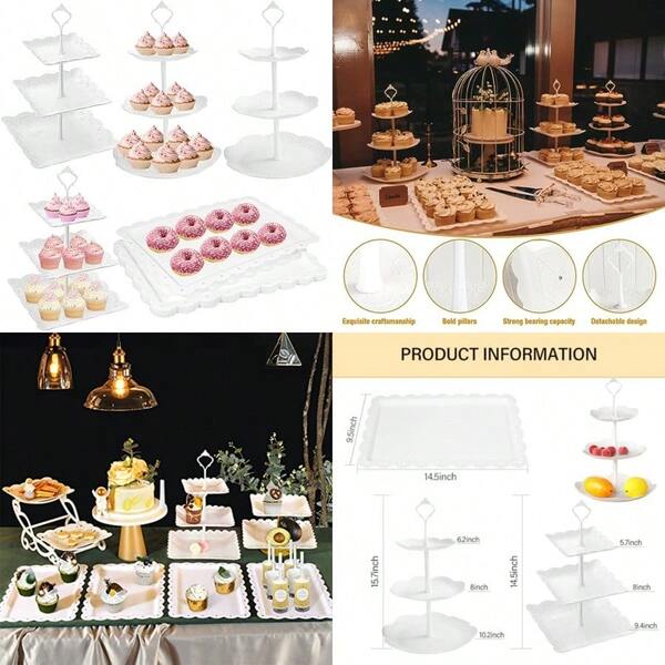 10 Pcs Cake Stand  Plastic Dert Table Display Set 4 Pcs 3 Tired Cupcake Stand Cookie Tray Rack Serving Tray Cake Display Tower And 6 Pcs Dert Trays For Wedding Baby Shower Tea Party