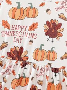 Thanksgiving Girls Autumn/Winter New Long Sleeve Round Neck Letter Cute Turkey Random Full Print Trumpet Sleeve Hemp Double Layer Lace Lady Dress