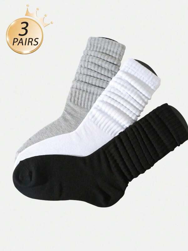 1/3/6 Pairs Black, White, Gray Ribbed Vertical Striped Moisture-Wicking Mid-Calf Socks, Slouch Socks