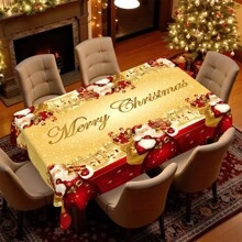 1 pieza Mantel de poliéster con tema navideño, diámetro redondo de 145 cm (57.08 pulgadas), rectangular de 140x180 cm (55.11 pulgadas x 70.87 pulgadas), mantel navideño con diseño de mochila de Papá Noel, copos de nieve y fondo rojo, adecuado para el hogar, restaurante, cocina o fiesta festiva, decoración navideña para la mesa del comedor
