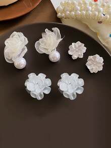 1 套简约优雅人造珍珠花瓣可爱清新优雅高端设计耳环首饰套装，适合女性日常和节日佩戴 - 彩色 - 查看 8