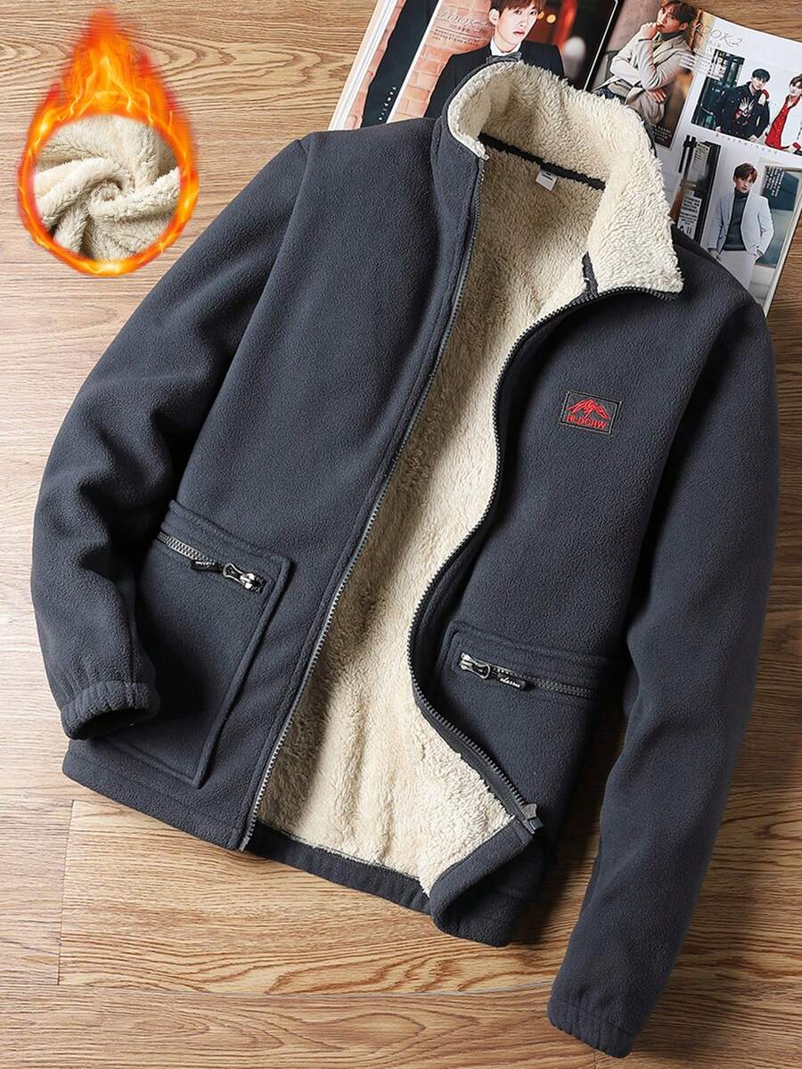 Men's Cardigan Coat Polar Fleece Stand Collar Jacket Fit Warm Top,Men's Stand Collar Fleece Jacket, Two-Sided Plush Lining, Casual Business Warm Thick Couple Coat Outerwear, Autumn/Winter