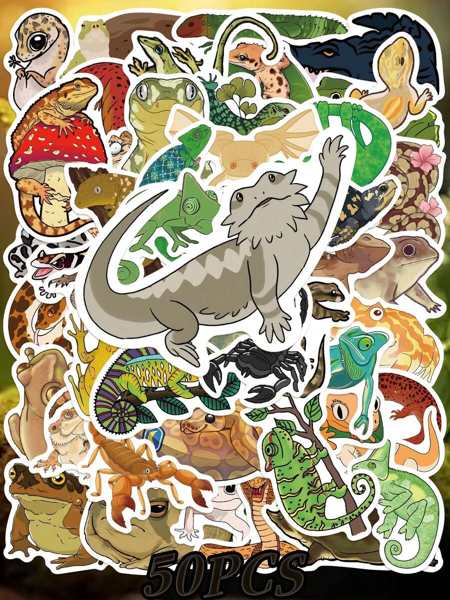 50pcs Colorful Reptile Stickers - Cartoon Lizard, Snake, Toad Decals For Laptops, Suitcases, Phones - PVC, Self-Adhesive, Mixed Colors, Asymmetrical Shapes, Fun Decoration, Whimsical Decor | Vibrant Animal Stickers | PVC Stickers, Reptile Accessories, Perfect For Winter, New Year - Multicolor - View 1