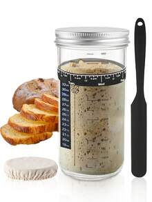 酸面团发酵套装，24 盎司大容量酸面团发酵罐，带铝盖，日期标签进料条，硅胶刮刀，布盖和温度计条，用于面包制作的酸面团容器，酿造工具，发酵工具，可重复使用的酸面团面包烘焙工具 - 彩色 - 查看 2