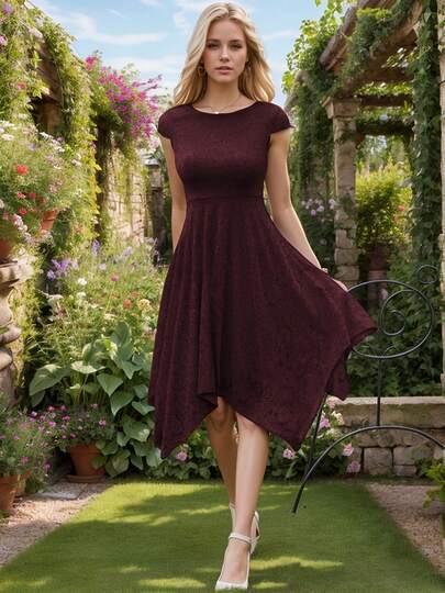 Classic Women's Floral Lace Short Bridesmaid Dress Cappped Sleeves Crew Neck Homecoming Party Dress
