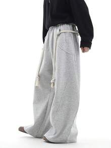 男士时尚绳结细节弯腰阔腿裤，男士长裤，男士休闲裤，美式街头风宽松筒状长裤，宽松弯腰裤，男士长裤，男士阔腿裤，万圣节礼物，圣诞节礼物，送男友的礼物，男友礼物，浅灰色长裤，秋季 - 淺灰色 - 查看 5