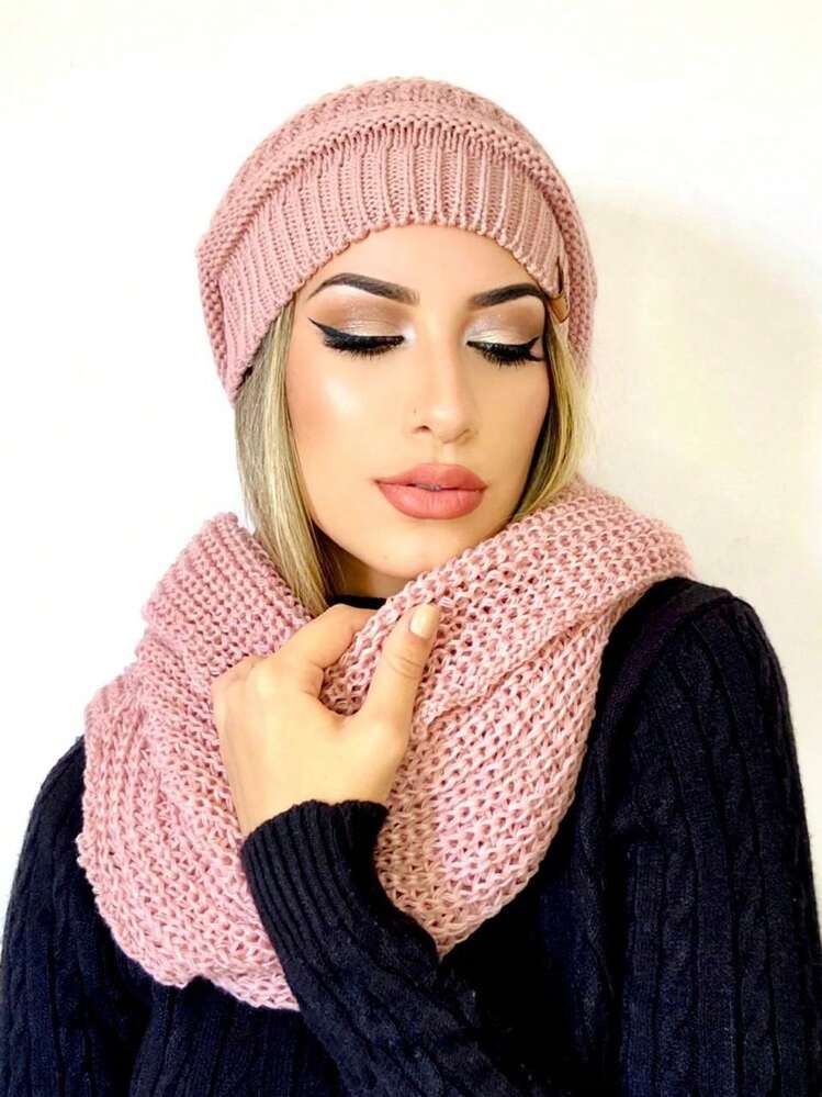 Unisex Beanie Hat + Scarf Neck Warmer Set Infinity Knit Soft Wool Winter Fashion 1 - Rusty Rose - View 2
