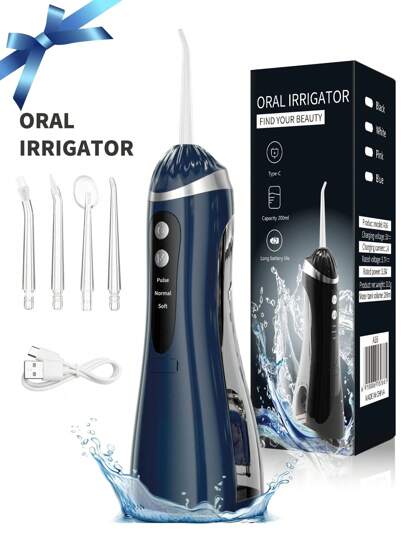1 pieza Irrigador bucal portátil, Limpiador dental inalámbrico recargable por USB, Hilo dental a chorro de agua con 4 puntas intercambiables y 3 modos, Adecuado para viajes y uso doméstico, Color blanco