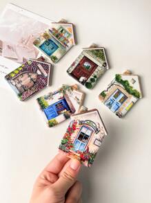 1pc Cute Countryside Floral Warm House Shaped Metallic Foil Melamine Fridge Magnet, Suitable For Home Decor, Daily Use And Holiday Gifts