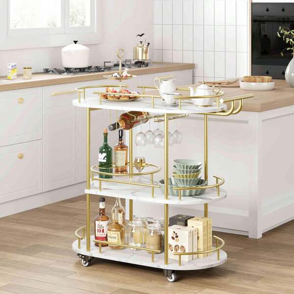 Dragonpad 3-Tier Serving Cart Trolley, Vintage Mobile Golden Beverage Bar Cart With Marble Textured And Wine Rack And Glass Holder,For Kitchen, Hotel