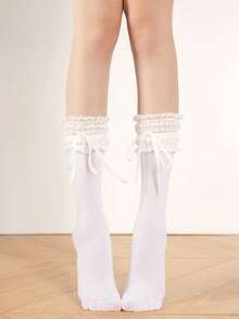 1 双蝴蝶结蕾丝边女式中筒袜，可爱甜美洛丽塔芭蕾风格，秋季袜子 - 彩色 - 查看 3