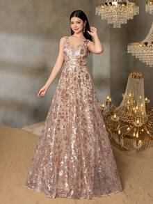 Alisa&Leo 优雅无袖 V 领 A 字形青少年礼服：非常适合庆典、选美、正式晚宴和红毯活动 - 带有花卉图案的精致晚装，适合舞会、初次登台舞会、慈善活动、颁奖典礼和豪华婚礼 - 香檳色 - 查看 5