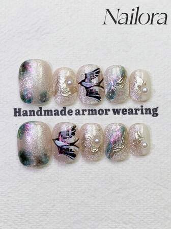 10 件/套浅米色混合渐变指甲闪光猫眼闪粉手绘燕子不对称线条小人造珍珠宝石和饰物指甲，圆形按压指甲短全覆盖手工指甲片，高级奢华优雅风格按压指甲手工可穿戴假指甲，日常美甲 DIY 夏季指甲作为礼物适合女性和女孩美甲美甲用品