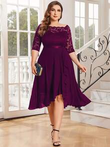 MIUSOL Plus Off Shoulder Floral Lace Half Sleeve Ruffle Hem Prom Party Swing Dress, Autumn Dress, Fall Dress, For Wedding Guest, Graduation, Dinner