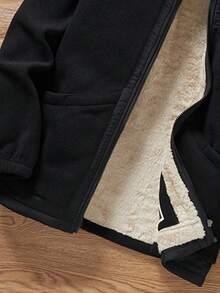 Men's Solid Color Simple Casual Zip-Up Jacket With Thermal Lined For Outdoor, Plush And Thickened Jackets,Men Winter Clothes,With Pockets, Suitable For Boyfriend/Husband Everyday Wear, Autumn/Winter - 黑色 - 查看 7