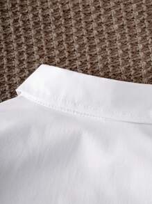 適用於休閒聚會的Tween男孩經典校園風口袋前白色長袖正式襯衫 - 白色 - 查看 4