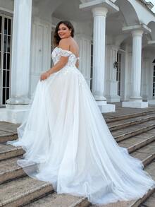 Plus Size Off-Shoulder Detachable Sheer Long A-Line Embroidered Wedding Dress