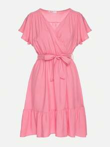 Viscose Dress With Wrap Neckline And Belt - Pink - View 6