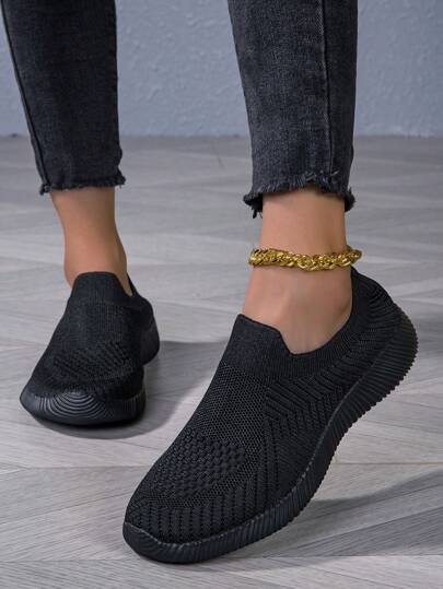 Women's Black Breathable Knit Casual Flat Slip-On Shoes, Lightweight & Comfortable For Casual, Sports, Daily Wear