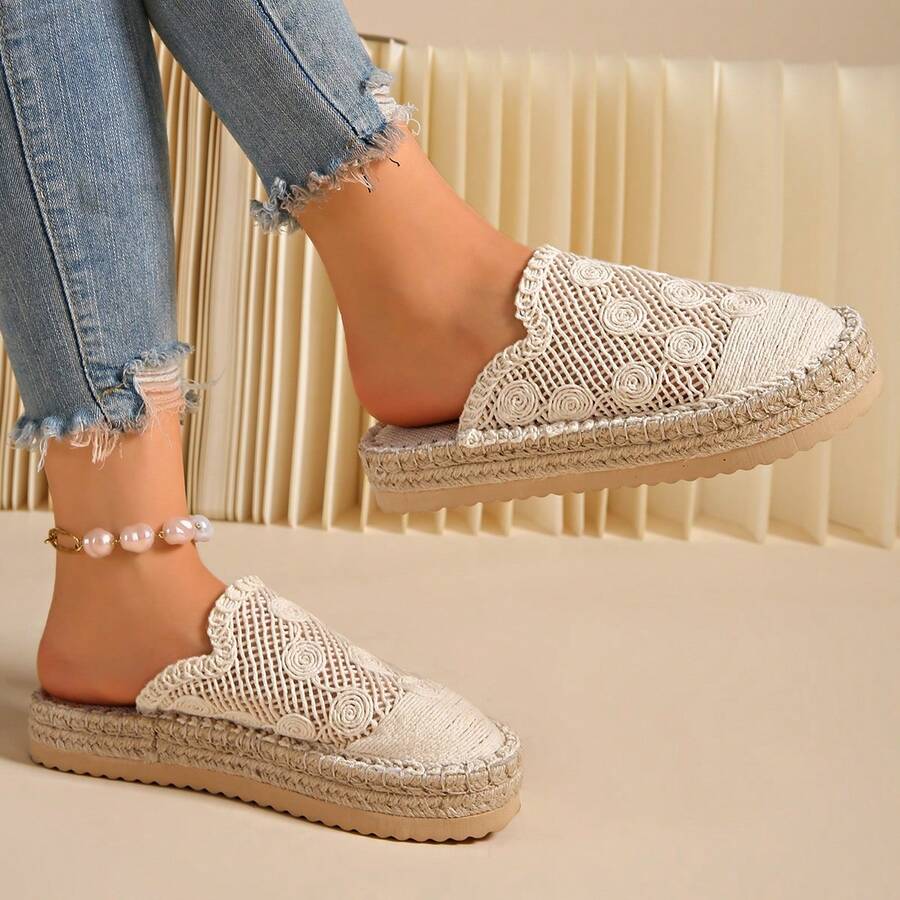 女士原创新款编织网面图案厚底透气轻便凉鞋，百搭易配，适合夏季穿着 - 米色 - 查看 1