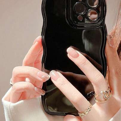 1 件秋冬季黑色纯色波浪边手机壳适用于 Apple iPhone 16/15/14/13/12/11 系列