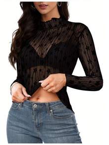 Mesh Long Sleeve Top For Women, Lace Sheer Tops See Through Mock Neck Floral Embroidery Sheer Blouce Fishnet Shirt - Đen tối - Xem 2