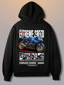 K-GLORY Men's Motorcycle Racing Themed Print Loose Kangaroo Pocket Hoodie, Autumn/Winter - Black - View 5