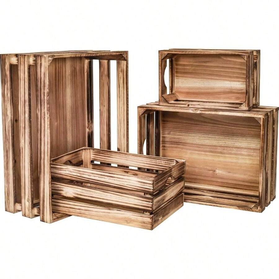 Large Wooden Crates Set Of 4 Decorative Storage Box With Handles, Rustic Torched Brown Farmhouse Wooden Crates For Display, Organizer Container Baskets Box For Kitchen, Pantry, Bedroom 18D110B4EF1BDABB0F22F-YTB